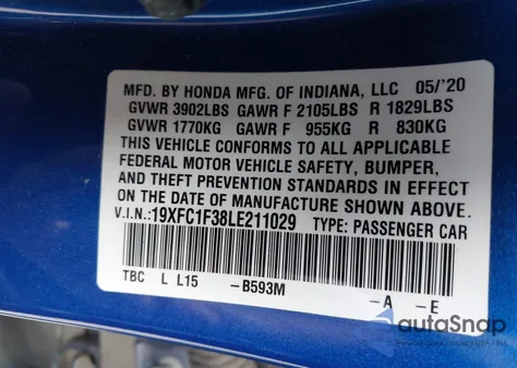 2020 Honda Civic Ex z USA, uszkodzony, nr VIN 19XFC1F38LE211029